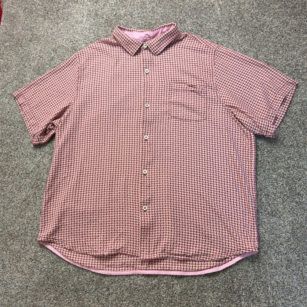 Tommy Bahama Mens XXL Pink Red Basketweave Silk Short Sleeve Button Down Shirt